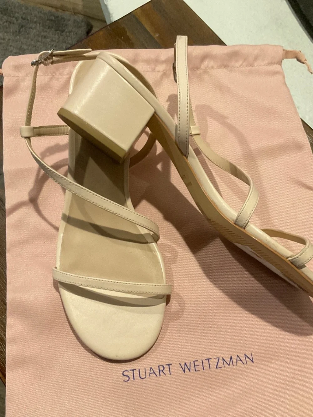 Stuart Weitzman Aliza Block Heel Sandal Blush Leather size 8